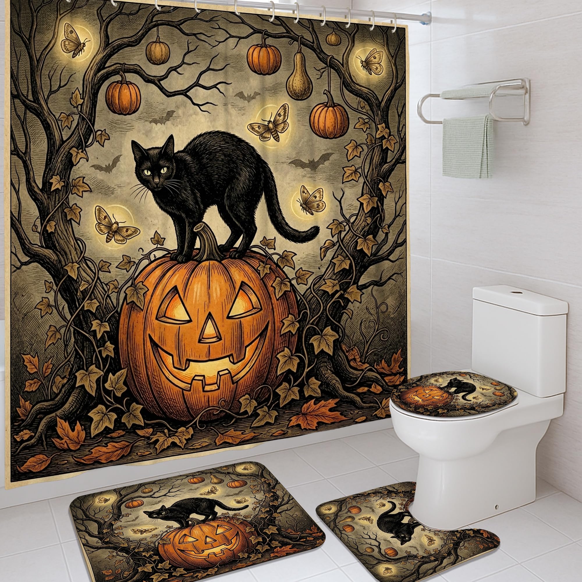 Rideau de douche chat et citrouilles pour une ambiance Halloween magique