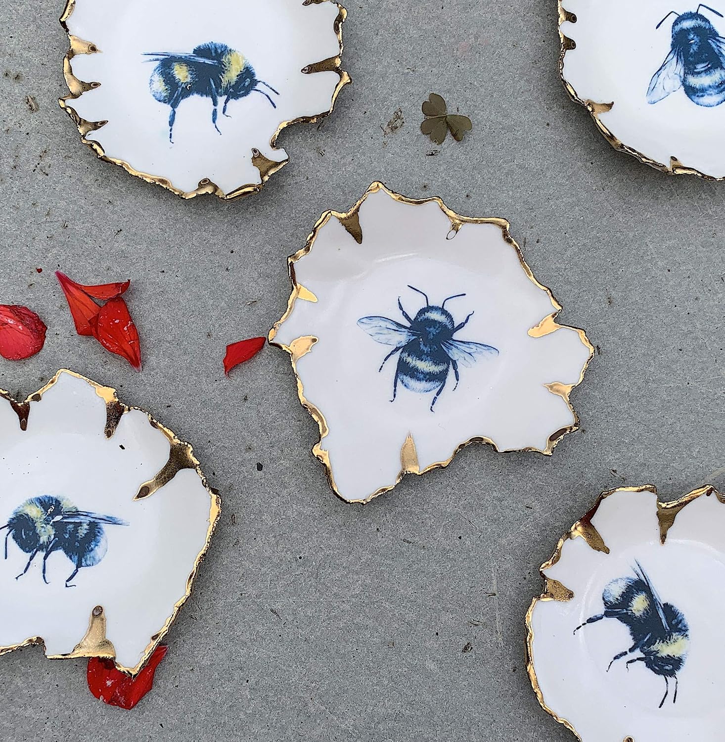 Handmade White and Gold Bee Ring Holder, Ceramic Jewelry Dish for Wedding Band, Earrings, Studs, One of a kind Gift for Women, Men, Him, Her, Bride, Groom -Please Read Description