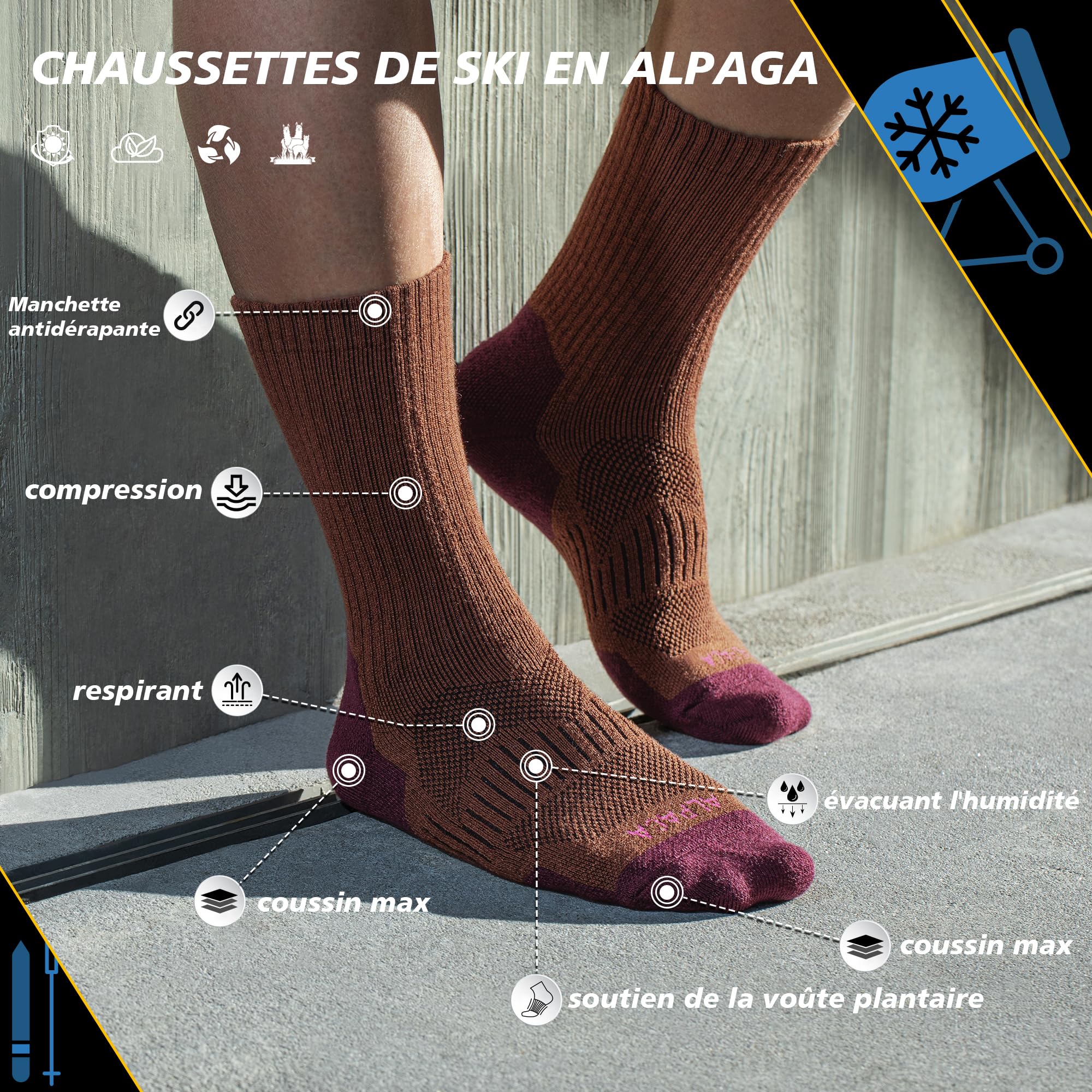 Chaussettes Chaudes Femme et Homme Laine Alpaga Chaussettes Thermiques Hautes Epaisse Anti Froid Hiver Running Ski Randonnée pour SnowBoard Sport Taille 35-51 Lot de 2