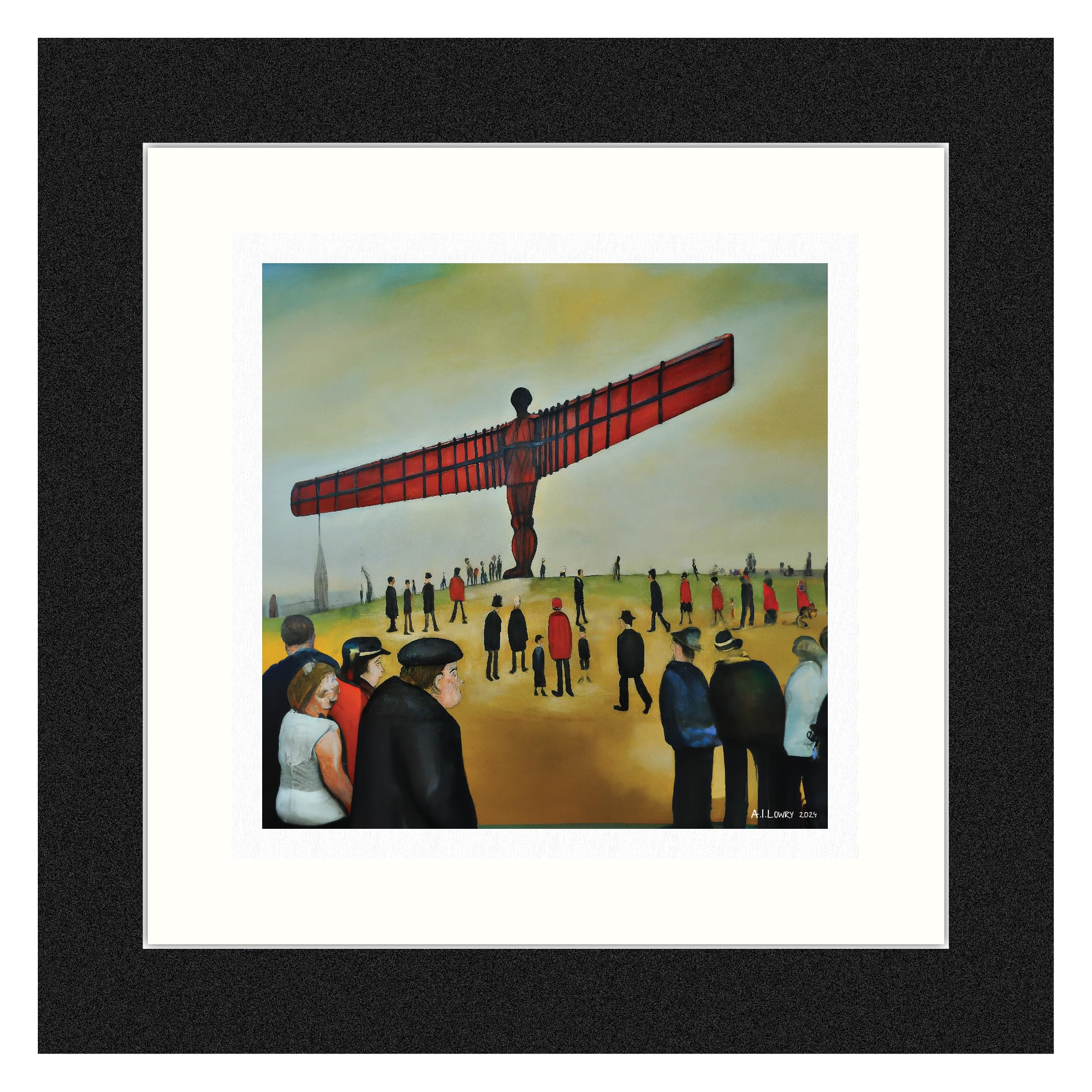 Greetingles Lowry-Style 12"/31cm Square Framed Print. Beautiful Black Ash Frame (Lowry, Angel Of The North) — image 1