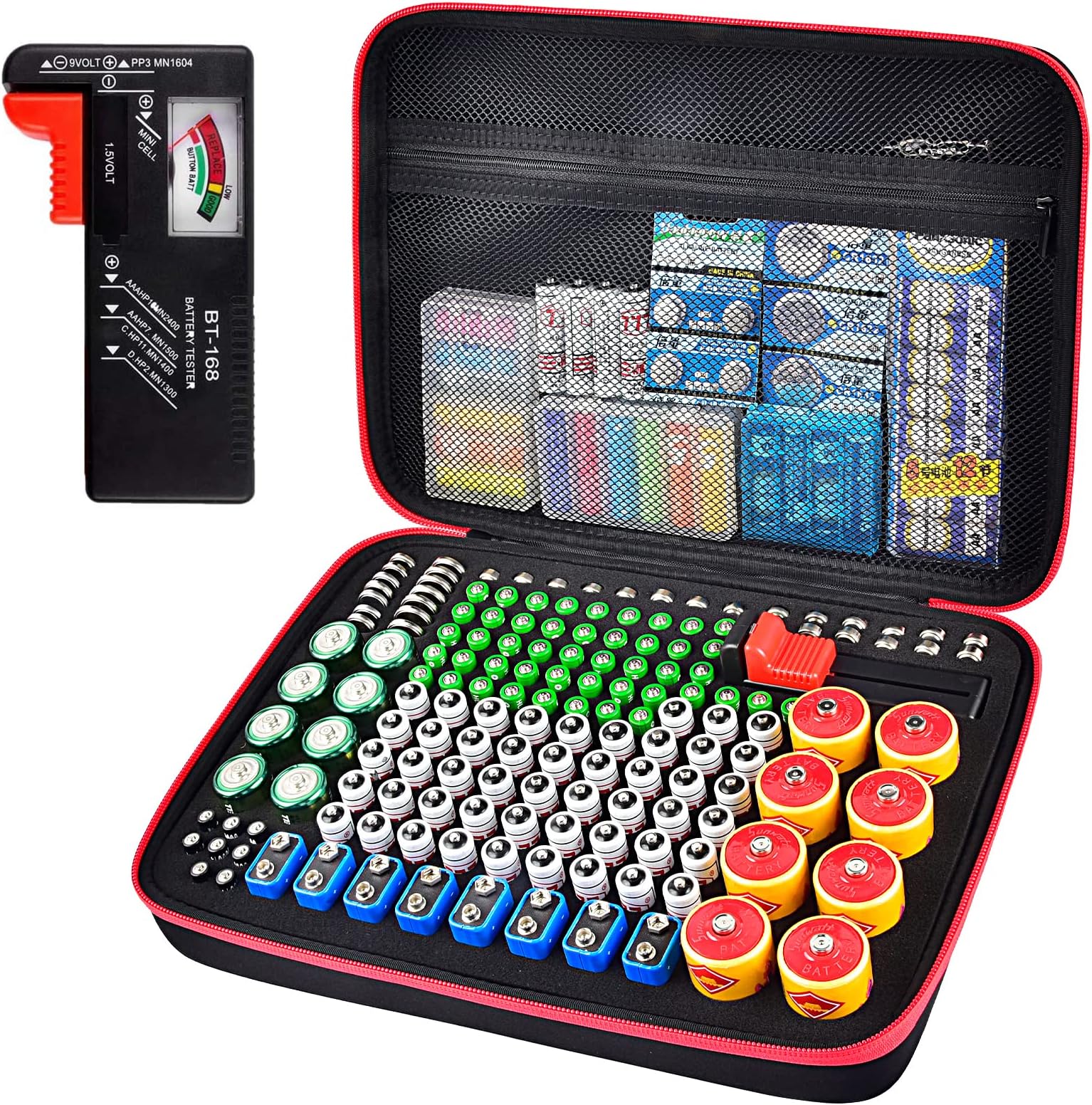 ALKOO Battery Organizer Storage Case with BT-168 Tester - Holds 225 Batteries AA AAA AAAA C D Cell 9V 3V Lithium - Universal Battery Holder Box for Home, Garage & Drawer Organization, Case Only, Red