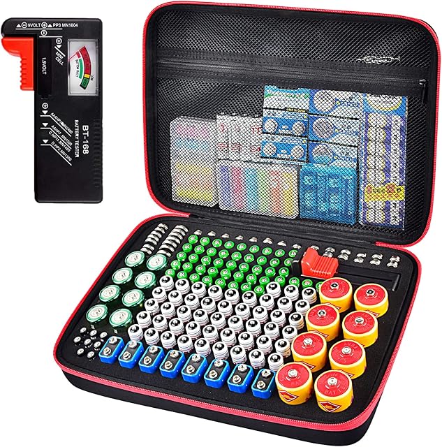 Battery Storage Organiser, 200+ Batteries Organizer Holder Box Case with Tester BT-168. Garage Containers Holds AA AAA C D Cell 9V 3V Lithium LR44 CR2 CR1632 CR2032 Button Batteries (Red)