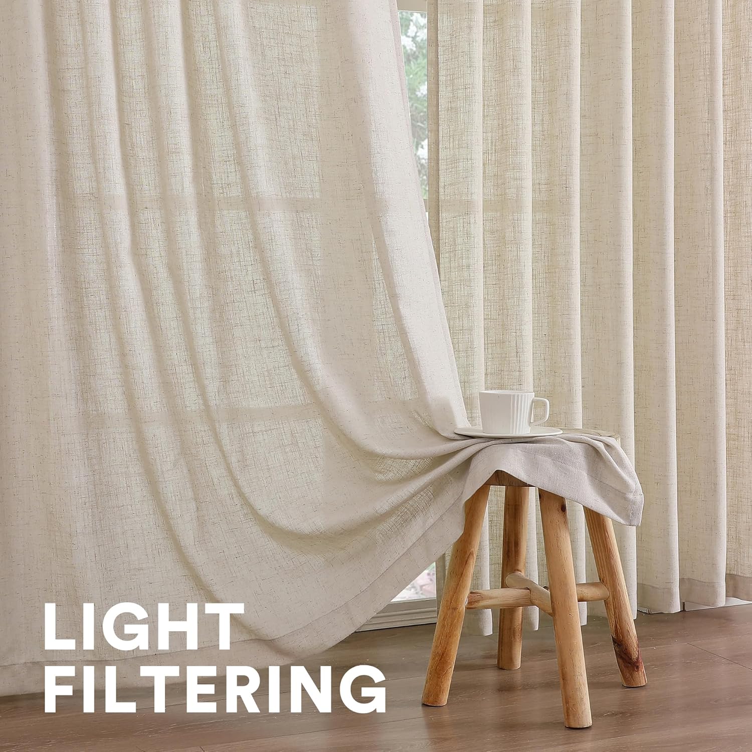 PrinceDeco Semi Sheer Linen Curtains 84 Inches Long for Living Room Natural Colored Light Filtering Window Treatment Panels Back Tab/Rod Pocket Neutral Drapes for Bedroom/Farmhouse, 2 Panel 7 FT