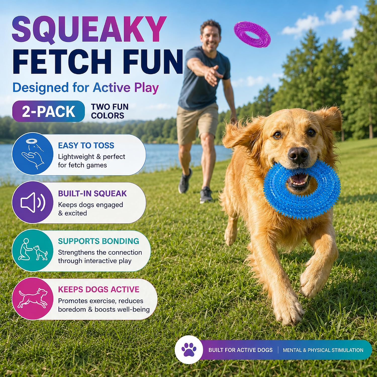 Dog Chew Toys for Aggressive Chewers, Squeaky Floating Donut Rings, 2 Pack | Blue and purple TPR rings for teeth cleaning and puppy teething; water toys for fetch, pool play and small to large dogs