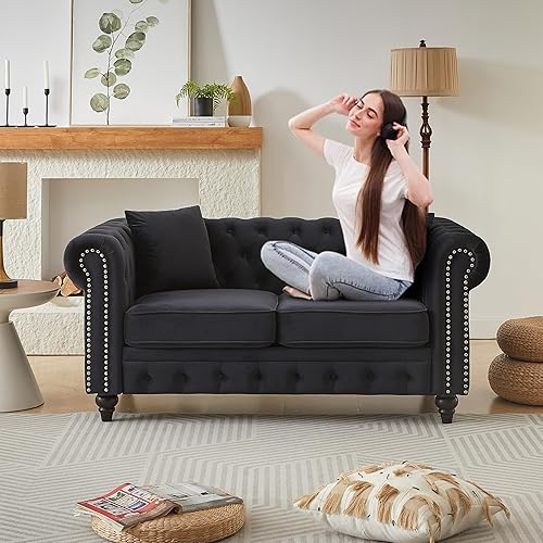 Miniatura 14 de Juego de 2 sofás Chesterfield de terciopelo de 85.5 pulgadas, 3 plazas + 63.5 pulgadas, sofá moderno con brazos enrollados y 2 cojines para sala de