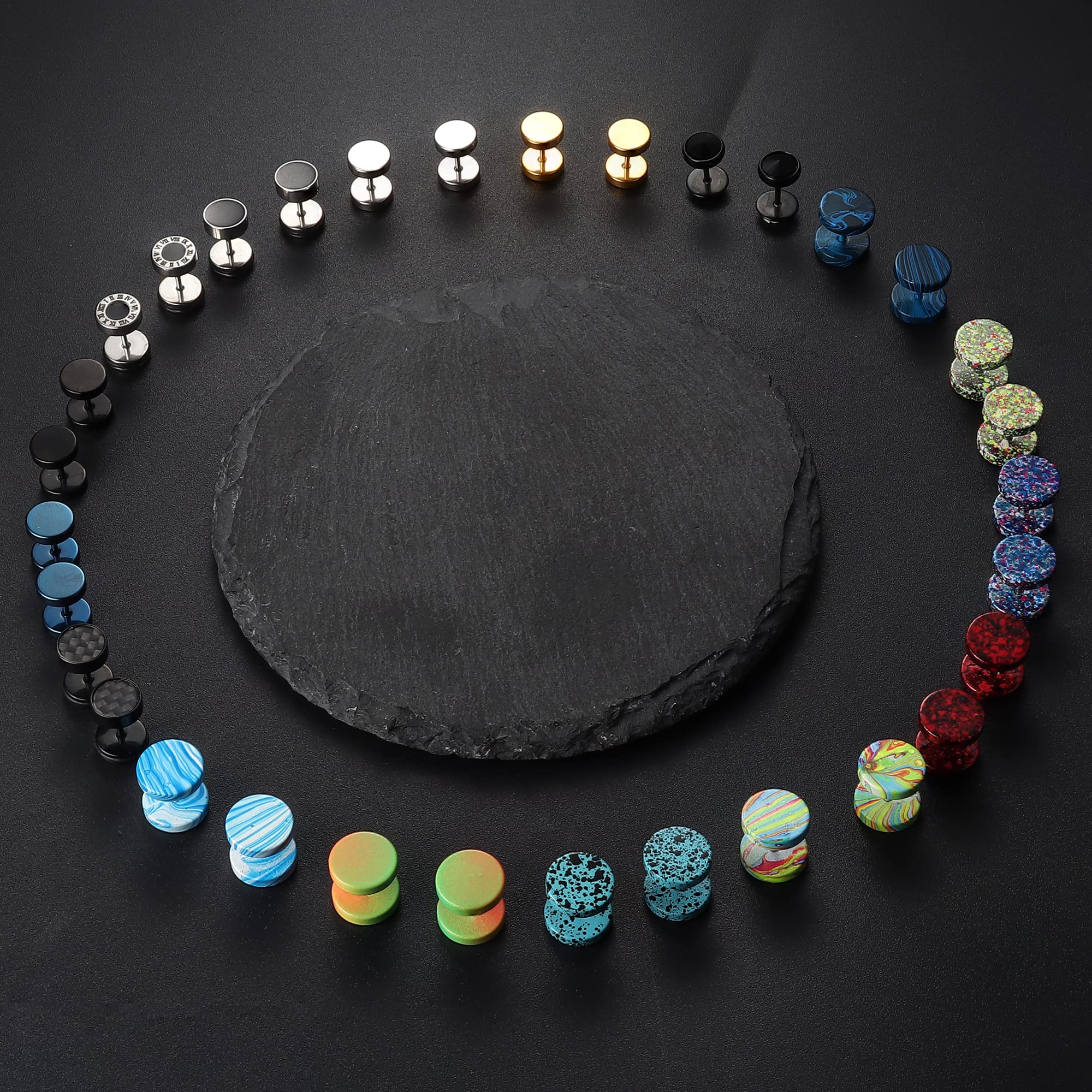 FIBO STEEL 16 Pairs Fake Gauge Earrings for Men Women Stainless Steel Stud Earrings Cheater Ear Plug Faux Gauges Earrings Ear Tunnel