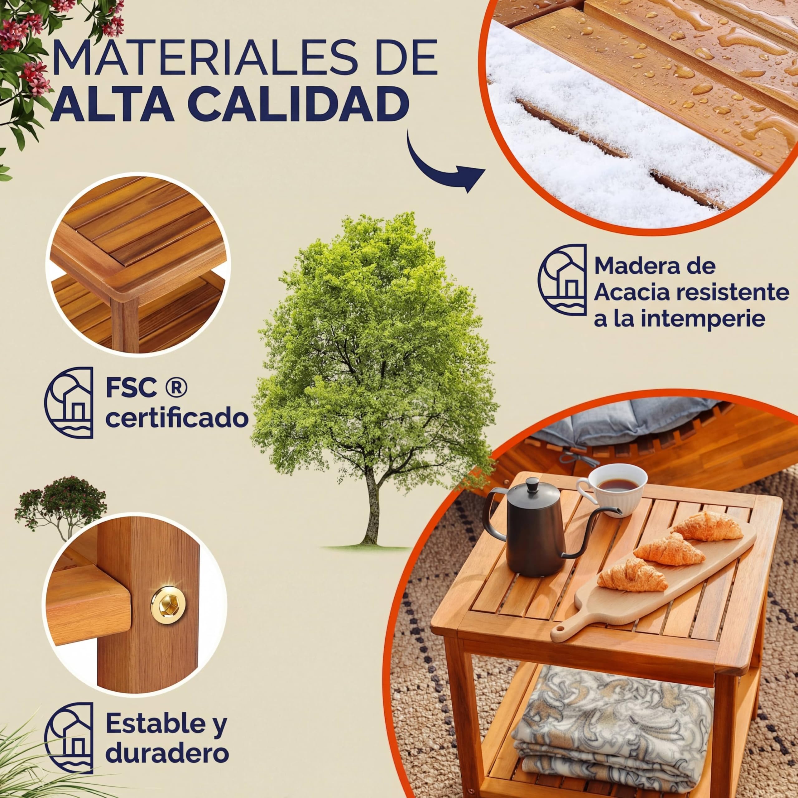 Casaria® Mesa Auxiliar Madera Acacia 2 Estantes Mesita Jardín 45x45x45cm Resistente Intemperie Capacidad Carga hasta 80 Kg Mueble Exterior Interior Terraza Balcón