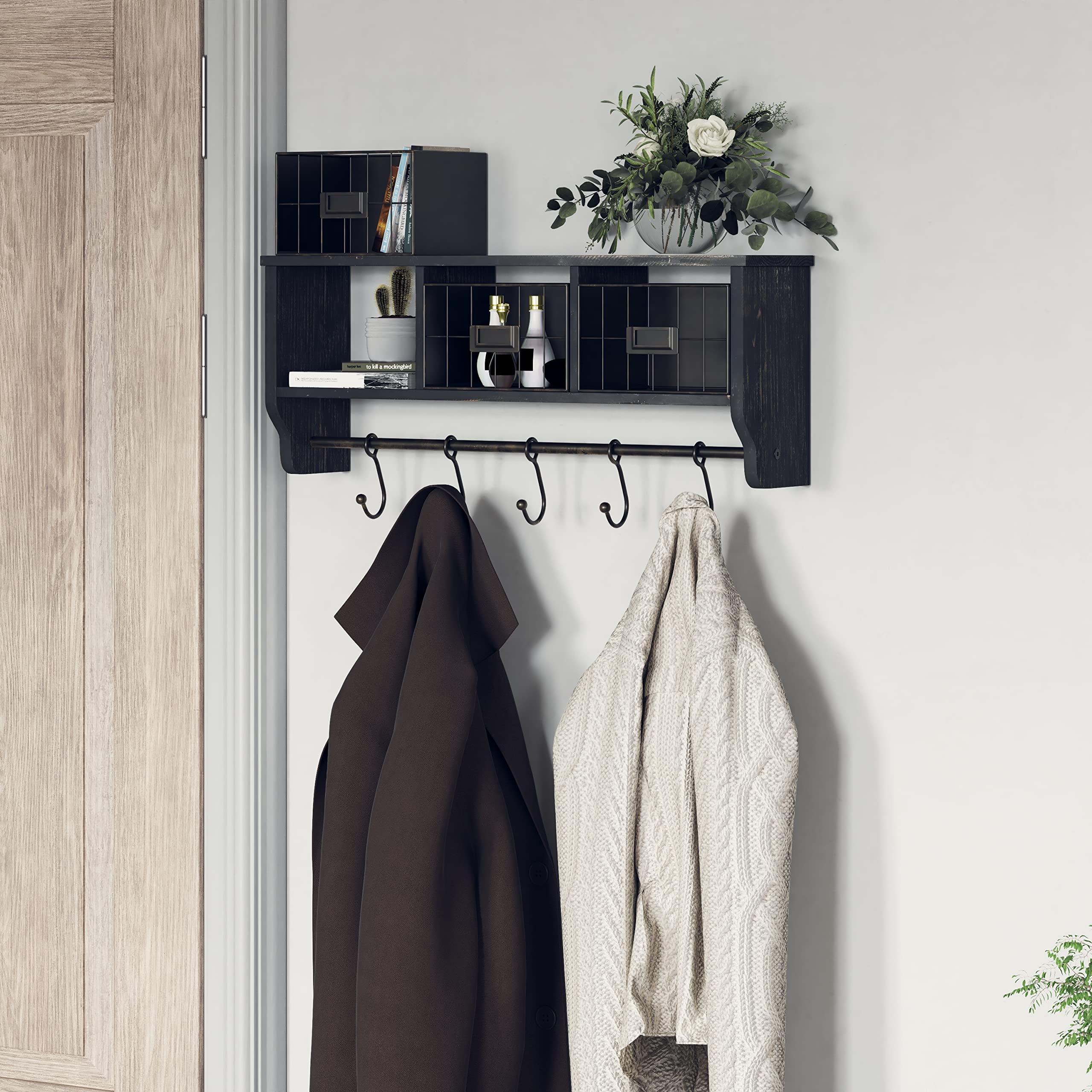 EMMA + OLIVER Mulhall Wall Mounted Shelf with Storage Cubbies - Blackwash Finish - Rustic Country Style - 5 Adjustable Sliding Hooks - 3 Wire Storage Baskets