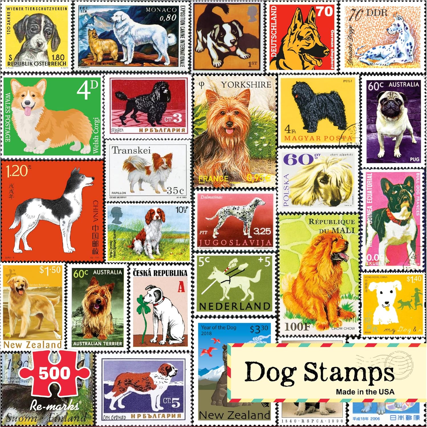 Re-marks Dog Postage-Stamp Collage Puzzle, 500-Piece Puzzle for All Ages