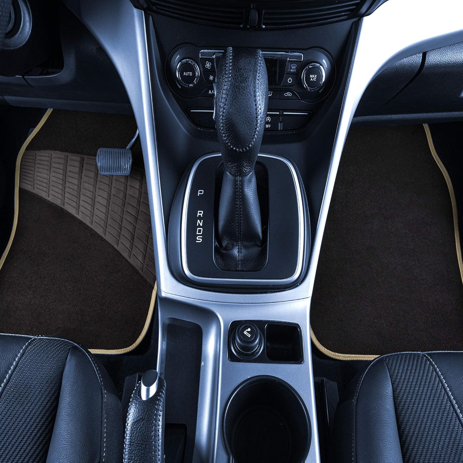 FH Group Color-Trimmed Non-Slip Carpet Car Floor Mats with Rubber Heel Pad – Universal Fit for Sedan, SUV & Truck – Full Set Beige/Black
