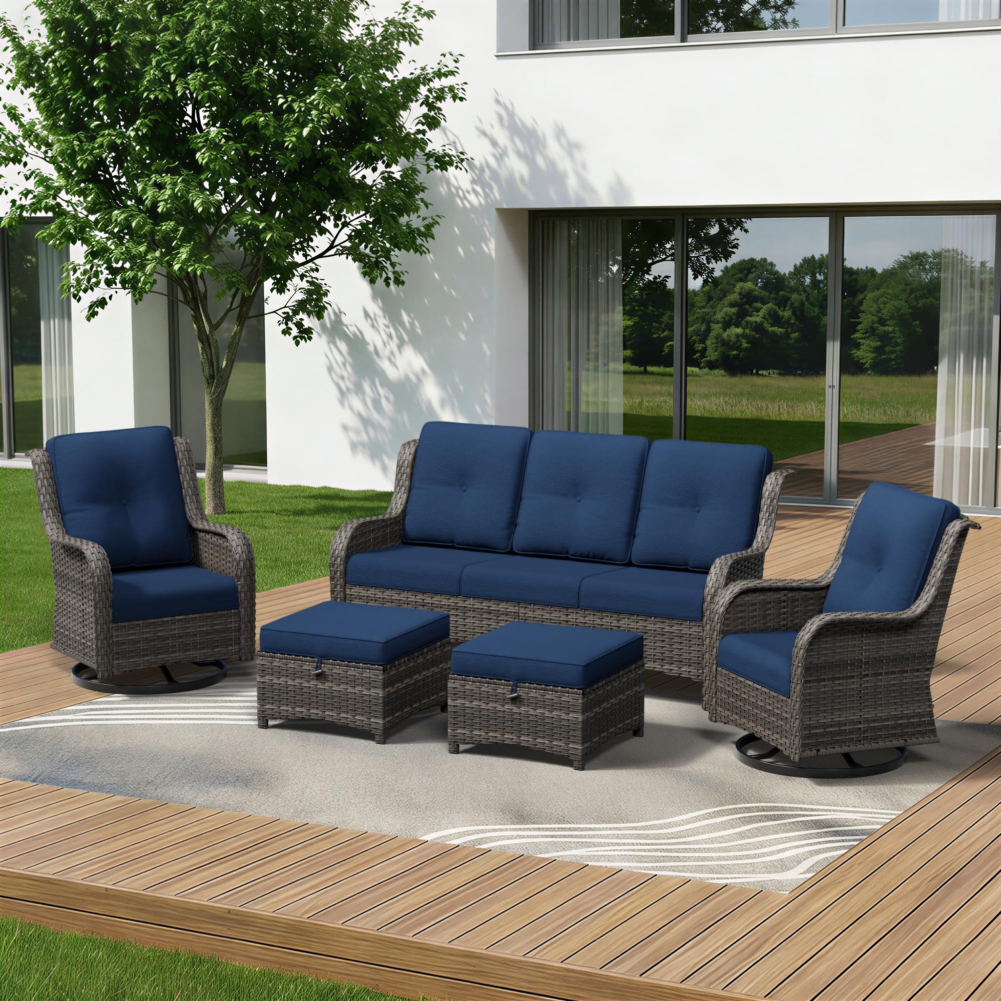 5 Piece Outdoor Wicker Patio Furniture Set, Outdoor Swivel Rocker Patio Chairs Set with Thickened Olefin Cushions, High Back and Deep Seating, Hand-Woven PE Rattan for Porch, Deck