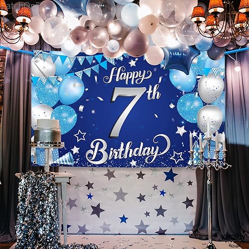 Miniatura 3 de KatchOn Pancarta azul de feliz cumpleaños número 7  Xtralarge 72 x 44 pulgadas  Cartel de feliz cumpleaños de 7 años  Telón de fondo azul y plateado
