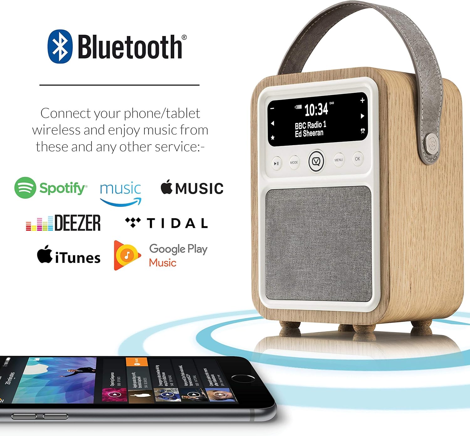 VQ Monty HD Digital Radio with a smartphone connected via USB for charging.