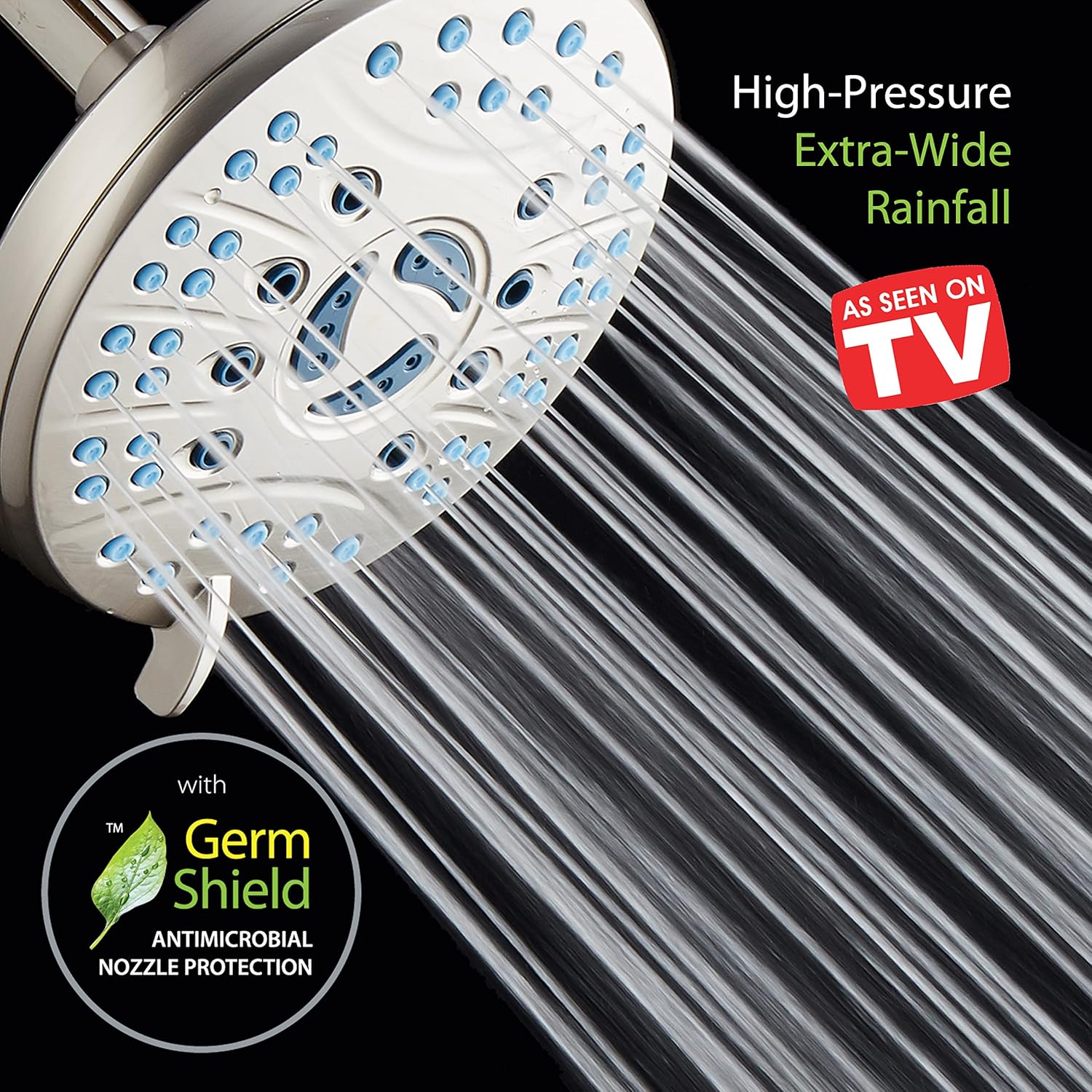 6-Setting Nickel Rainfall Shower Head with Anti-Clog Nozzles