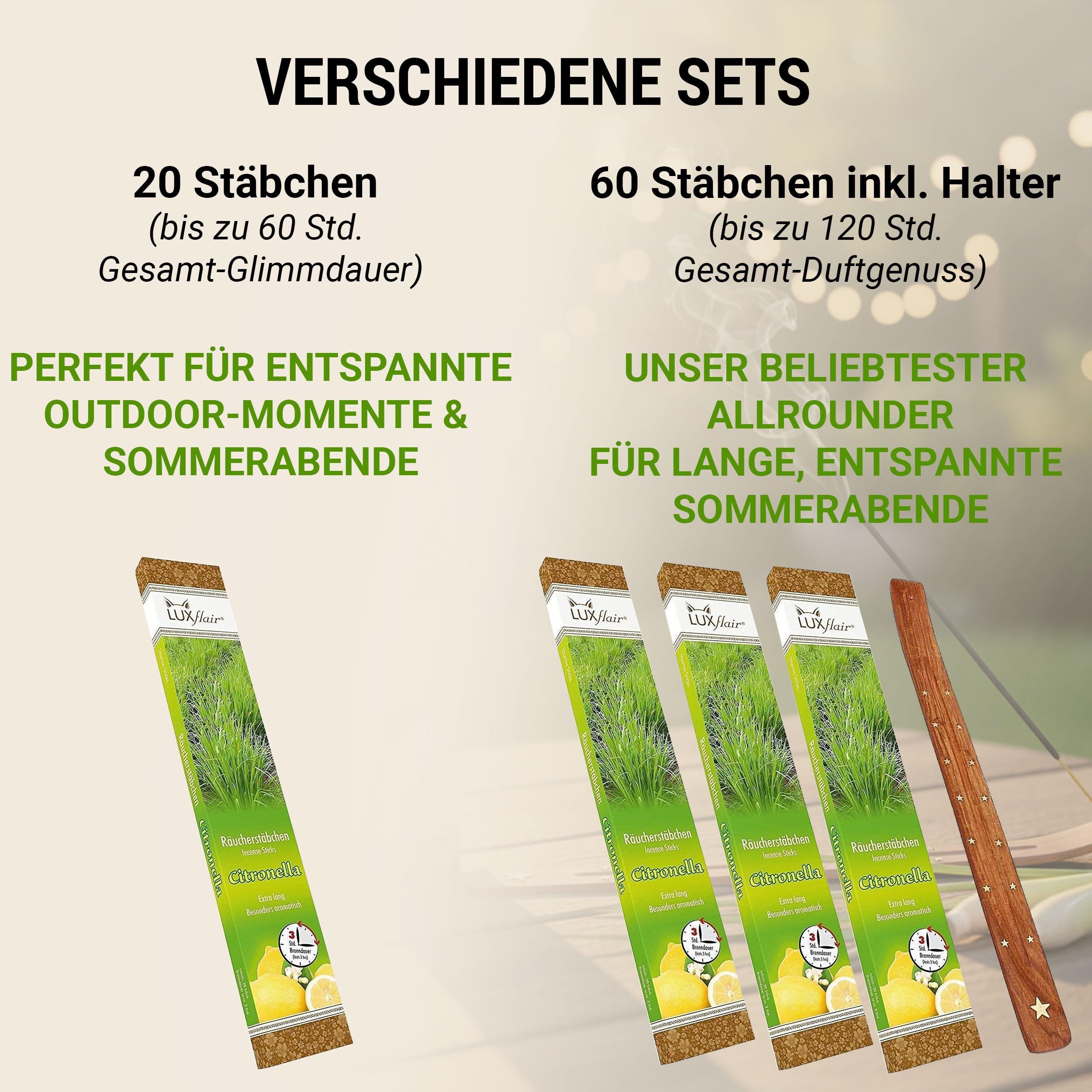 LUXflair XXL Set económico: 3 Paquetes de Varillas de Incienso Gigante Citronela 3x20 con hasta 3 Horas de luz por Varilla, para Uso en Exteriores, Incl. Soporte