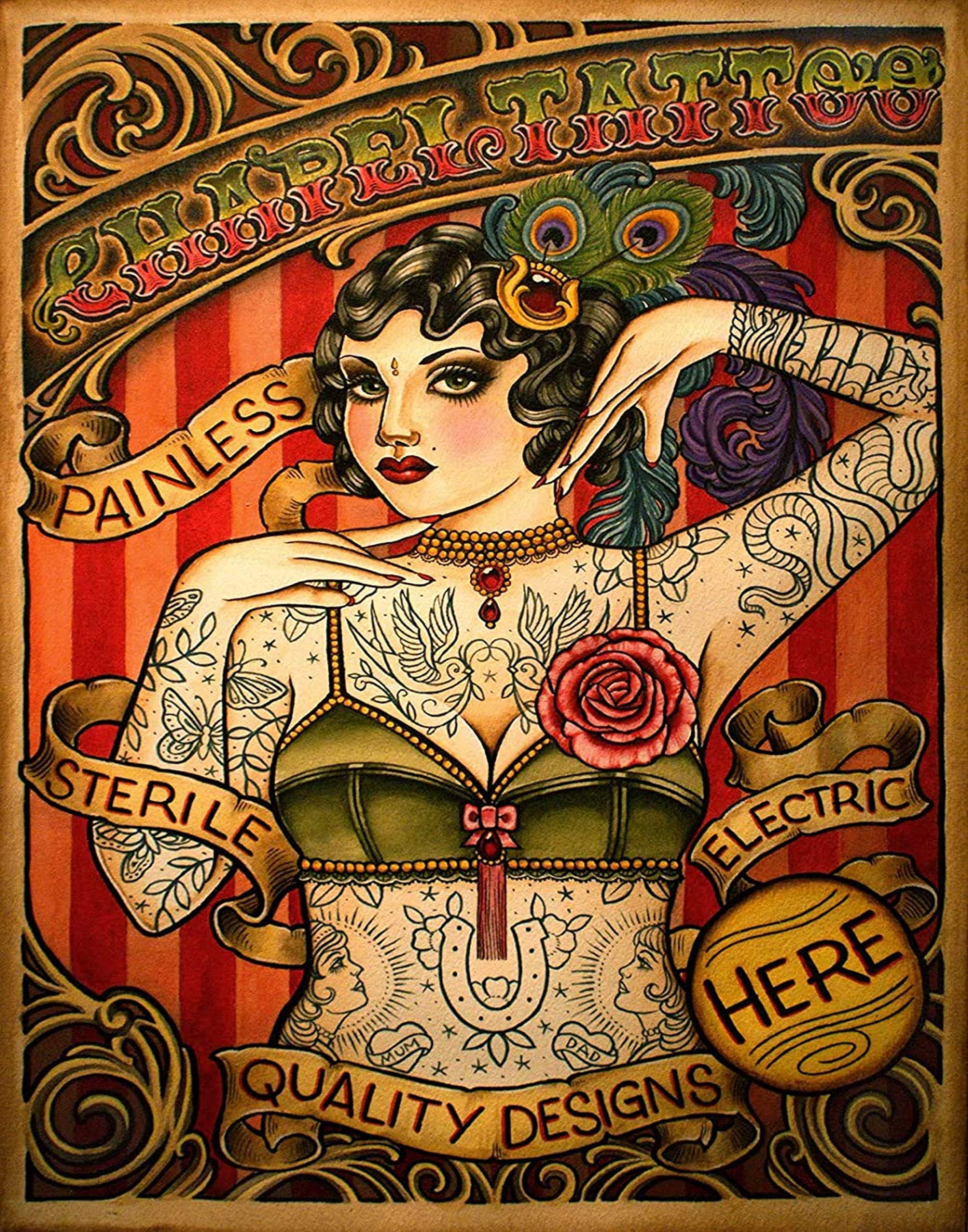 Red Horse Designs Chapel Tattoo Shop Advertisement, Full-Color Unframed Poster, Vintage Tattoo Lady