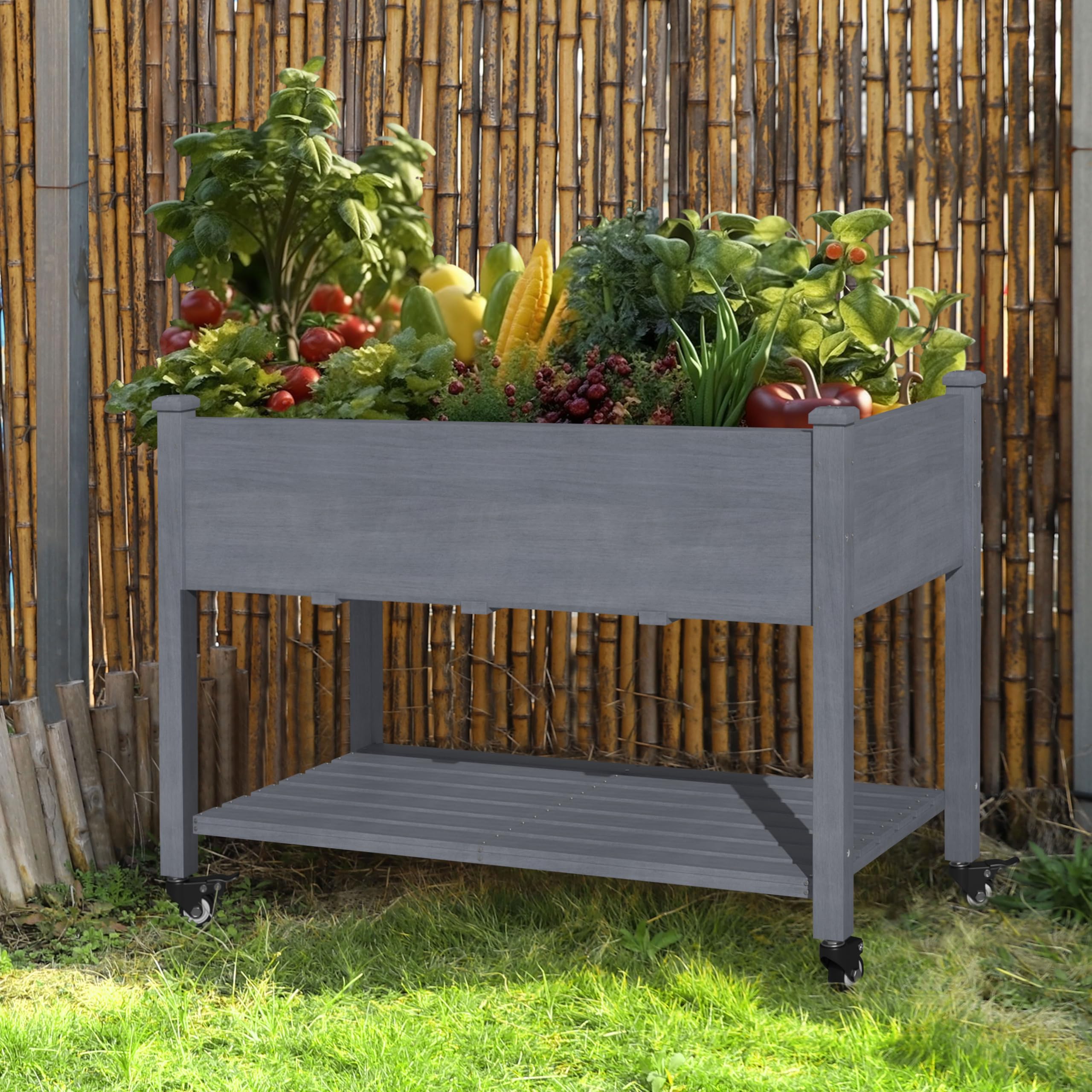 Podwyższona grządka ogrodowa w kształcie cedru, 120 x 57 x 83 cm, z zamykanymi kółkami i półką do przechowywania, donica na podwórko, patio, balkon - trwałe i stylowe rozwiązanie do ogrodnictwa
