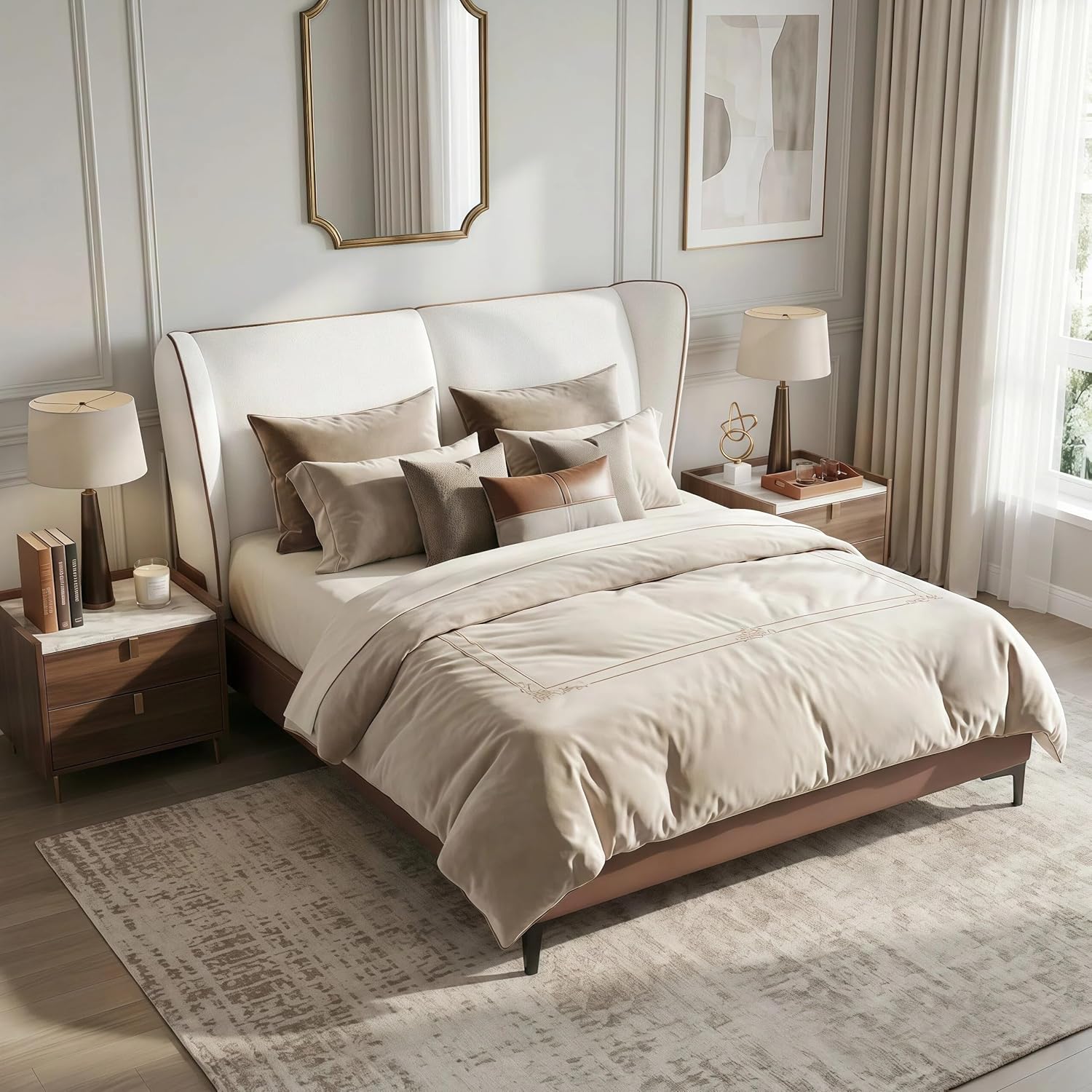 Merax Queen Size Teddy Fleece Thick Fabric Upholstered Platform Bed,Cloud Bed Frame with Wingback Headboard,Bed Frame with Piping,PU Upholstered Bed Frame,No Box Spring Needed, Easily Assembly,White