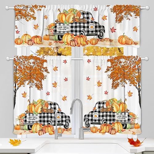 Hexagram Fall Curtains for Kitchen 3 Piece Set, Fall Window Curtains Valance - Rod Pocket Tiered Curtains Over Sink, Truck & Pumpkin Decorations, Autumn Leaf Kitchen Decor for Home 54x36 Inch