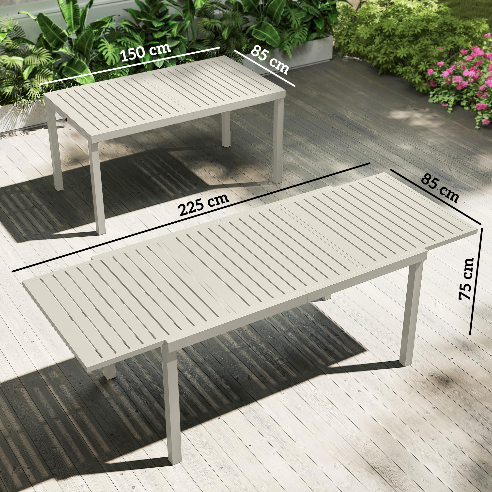 Outsunny Table de Jardin Extensible 150-225 cm Aluminium Anti-Rouille Blanc