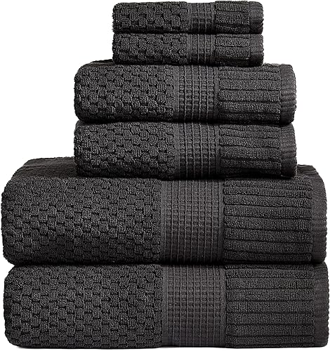 NY Loft 100% Cotton Towel Set 6 Piece | Super Soft & Absorbent Quick-Dry 2 Bath Towels 2 Hand Towels & 2 Washcloths | Textured and Durable Cotton | Premium Thick Towels | 6 Piece Set - Black - 71% off
