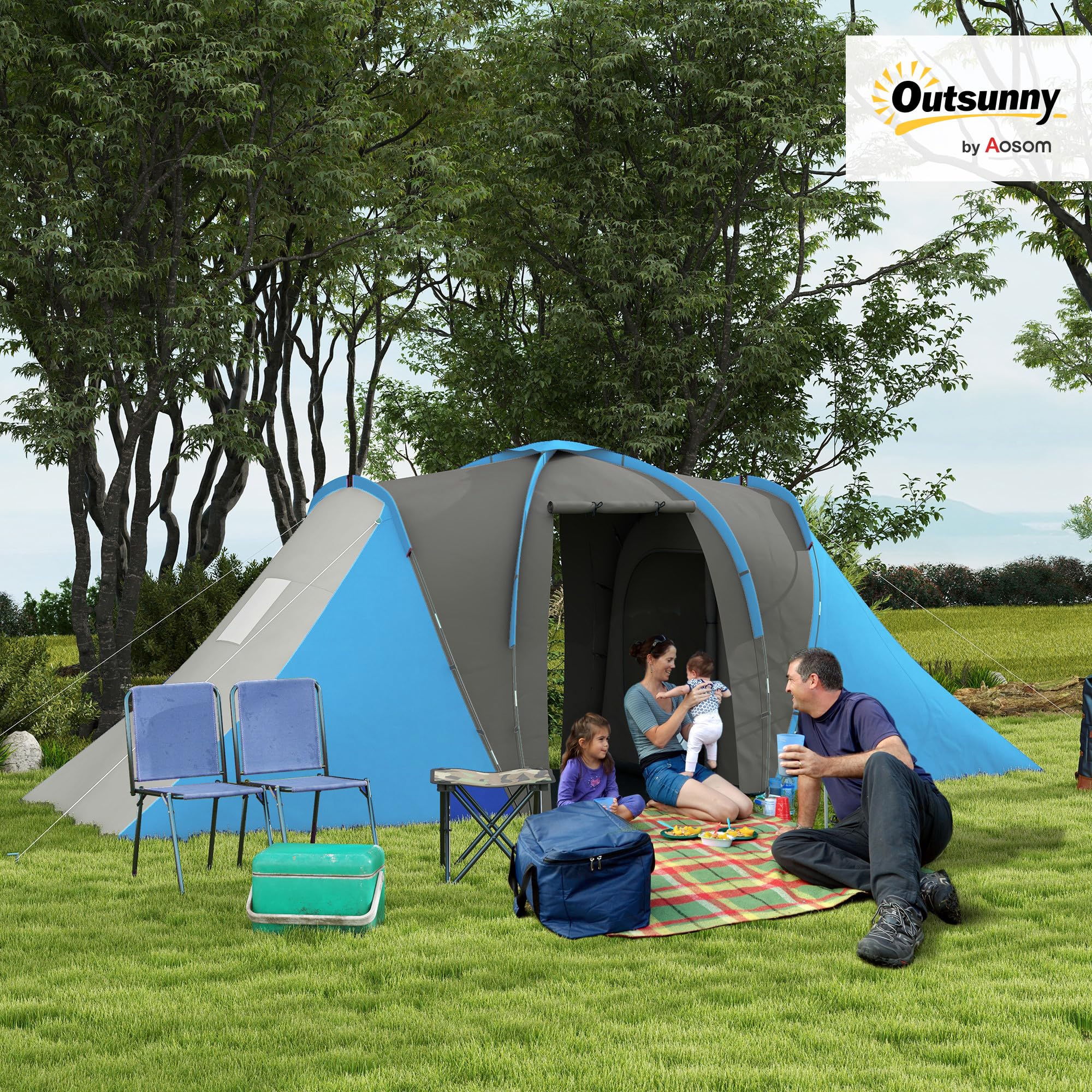 Outsunny Tenda a tunnel ventilata 4-6 Pers. 5,55 x 2,25 x 1,9 m, blu e grigio scuro | Campeggio familiare, 4 posti, leggero, 2 porte grandi, montaggio semplice, fibra di vetro e poliestere