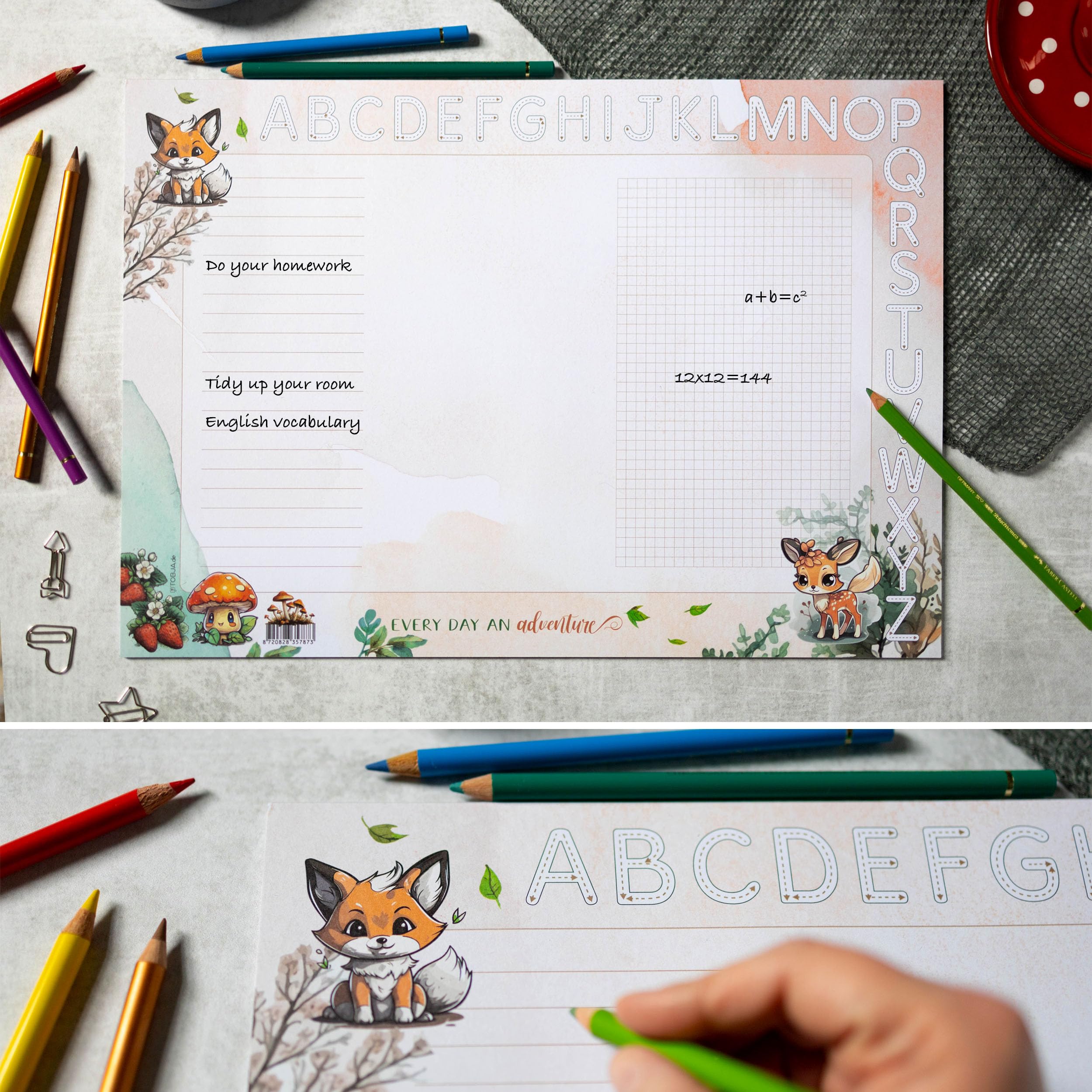 TOBJA Podkładka na biurko A3 dla dziewcząt i chłopców – wzór zwierząt leśnych, gruby papier o gramaturze 90 g/m², z listwą ABC do kolorowania – idealna na rozpoczęcie szkoły | podkładka na biurko, 25