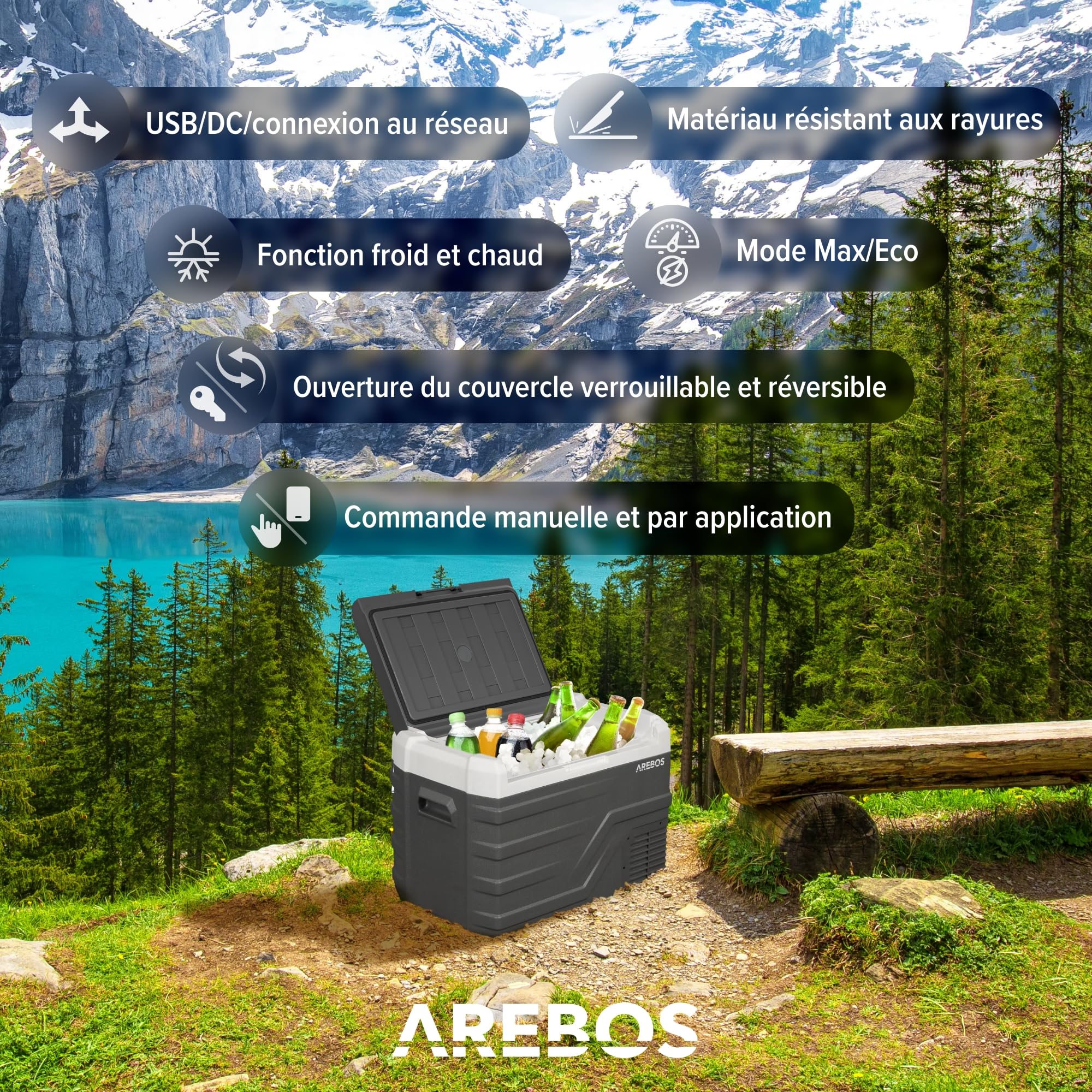 Arebos Glacière à compresseur 35 L | Réfrigérateur & congélateur Portable Jusqu’à -20 °C | Application & Commande Intelligente | 12/24V & 230V | USB | pour Voiture, Camion, Bateau, Camping-Car
