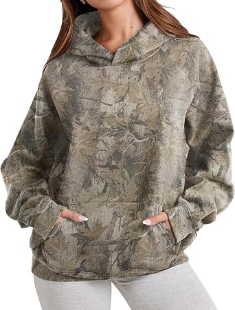 Camo Hoodie Womens Fleece Maple Leaf Sweatshirts Oversized