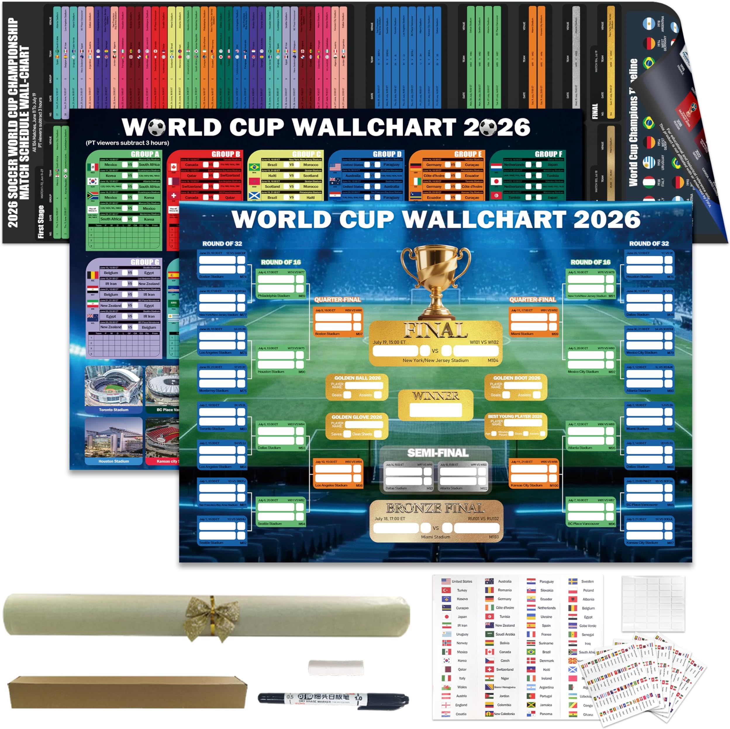 World Cup Wall Chart 2026 Poster Set (3 Pack) – PVC Dry Erase Soccer Schedule Posters with Knockout Bracket, Group Stage Tracker & Full Match Timeline – Includes 48 Team Flag Stickers, Marker, Eraser & Mounting Tape – Fan Gift