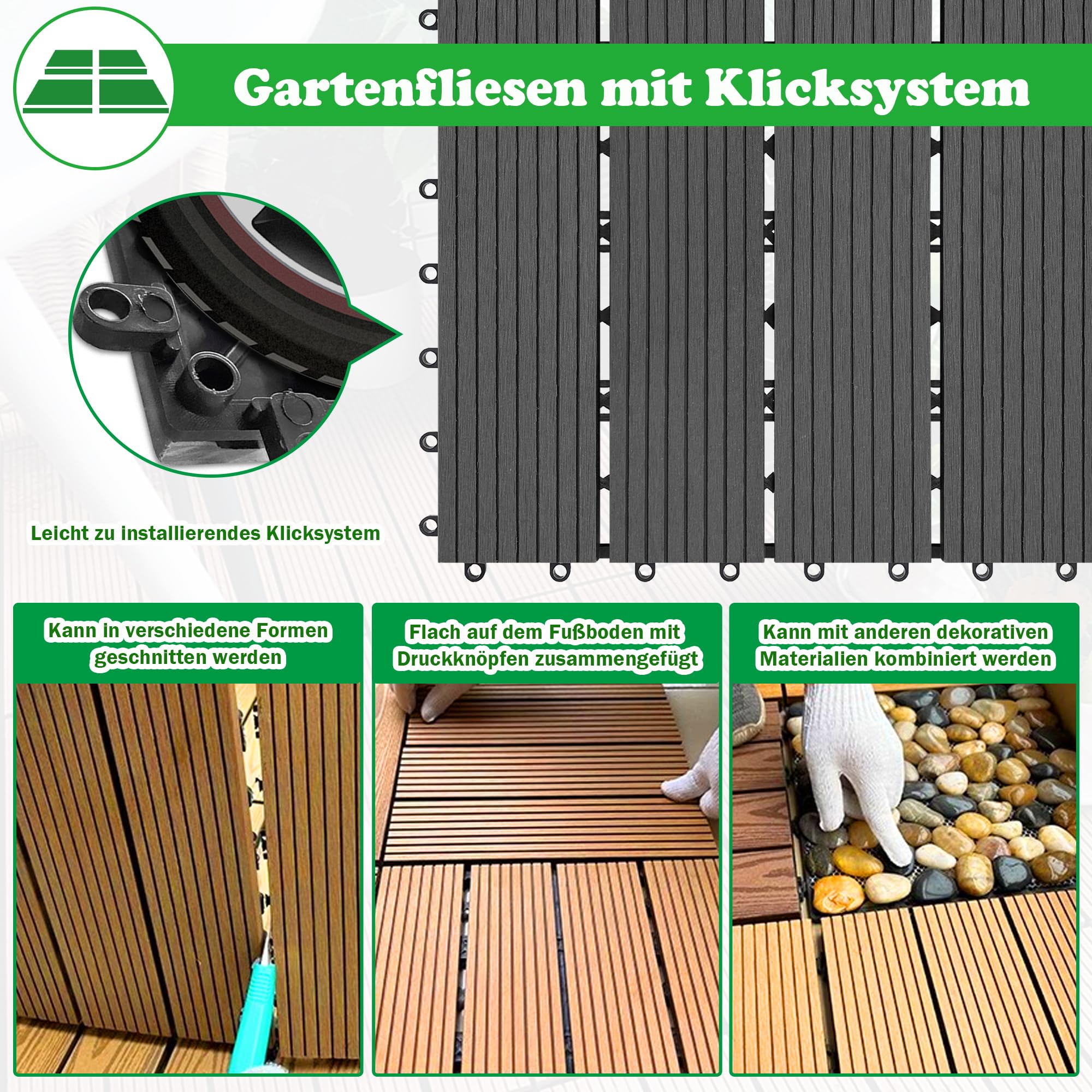 SUBTLETY 5m² WPC Terrassenfliesen 6 Stück Holzoptik Balkonfliesen 30x60cm Klickfliesen Set mit Drainage Gitter Kunststoff Gartenfliesen Bodenfliesen für Garten Terrasse Balkon Teich (Anthrazit)