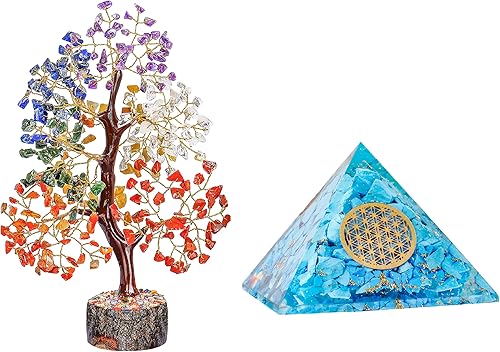 Árbol de la vida de 7 chakras, piedras y energía, árbol de Feng Shui, flor turquesa de la vida, pirámide de cristal, decoración de piedra, árbol
