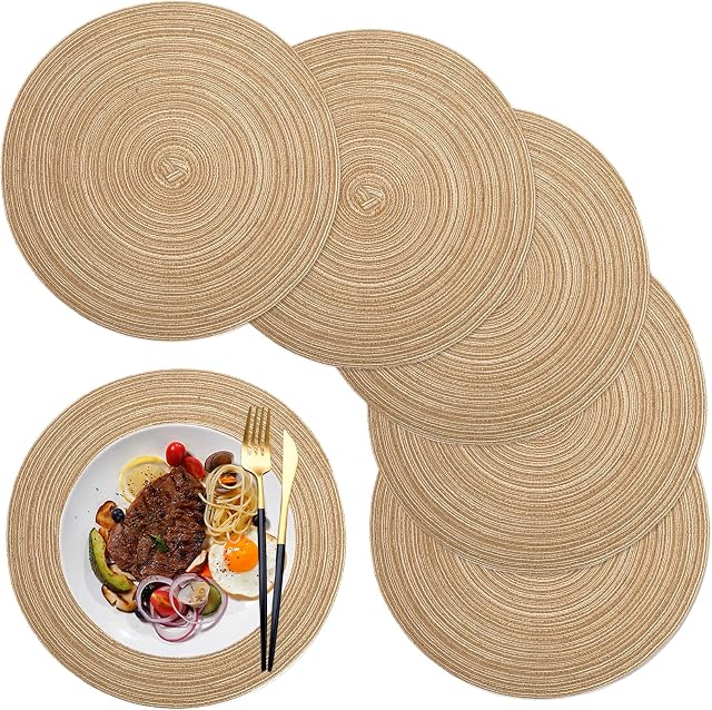 Placemats Round Placemats set of 6,14.17 Inch,Table Mats Washable Easy Clean Heat-Resistant Non-Slip for Kitchen Dining Table,coffee color