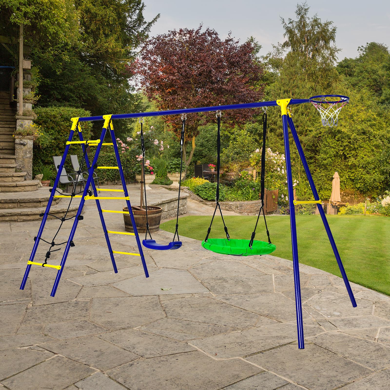 KOMFOTTEU Set di altalene per bambini, struttura da gioco 5 in 1 con 2 altalene, altalena da giardino, altalena doppia per bambini all'aperto