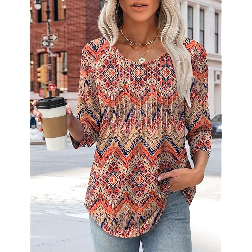 3/4 Length Sleeve Tops for Women 2026 Crewneck Casual Pleated Tunic Tops Loose Fit Shirts Blouses