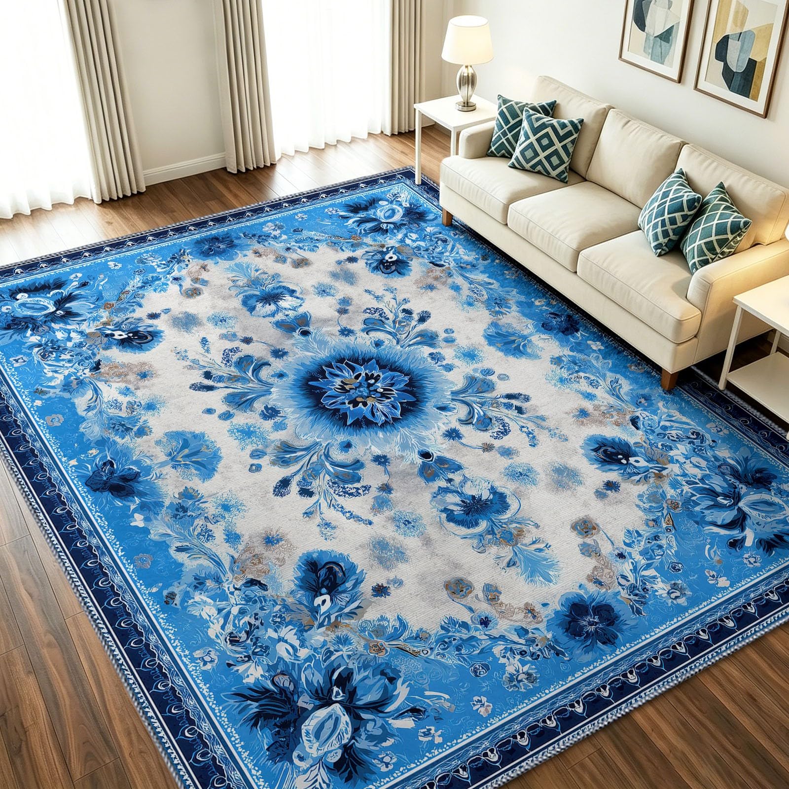 Tapis chinois floral 60x90 cm bleu lavable idéal pour une chambre d'enfant ou un bureau