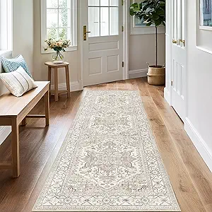 Madane Washable Runner Rug - 2x6 Rug Runners for Hallways 6 Foot Non Slip Vintage Kitchen Runner Rug Ultra-Thin Bathroom Runner Rugs Carpet Laundry Room Bedroom (2x6ft, Beige/Brown)