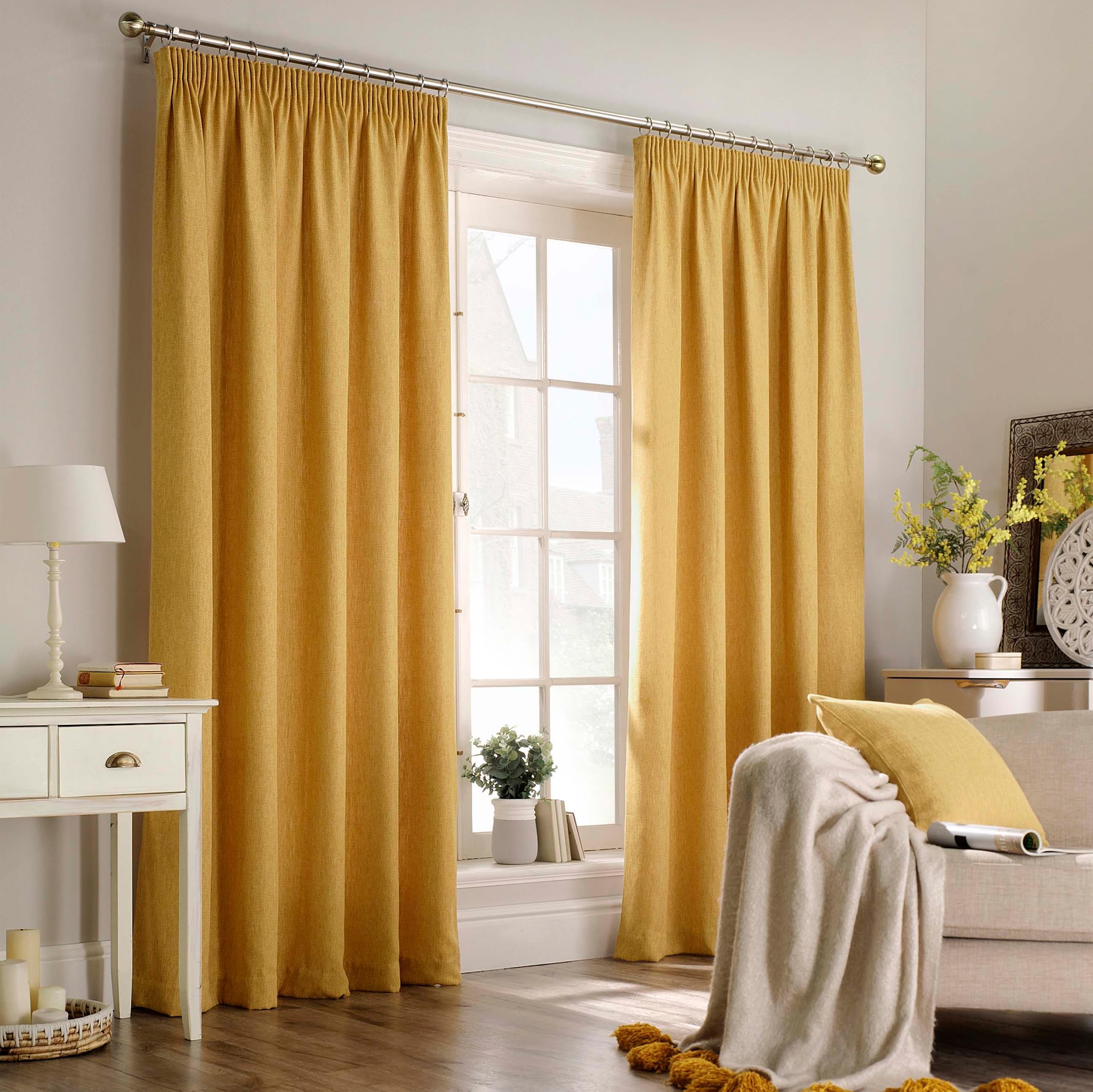 furn. Harrison Herringbone Weave Pencil Pleat Curtain Pair - Ochre - 168x137cm