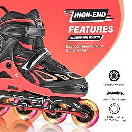 2PM SPORTS Vinal Inline Skates for Girls Boys Kids Ages 5-8 8-12 with Adjustable Illuminating Wheels, Inline Roller Skates for Youth Women Men - Red Medium