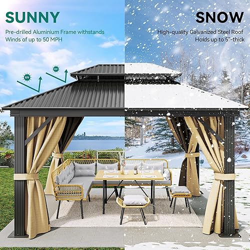 Miniatura 8 de DWVO Gazebo de techo rígido de 12 x 14 pies, techo doble con redes y cortinas, techo de rayas verticales de acero galvanizado resistente para patio,