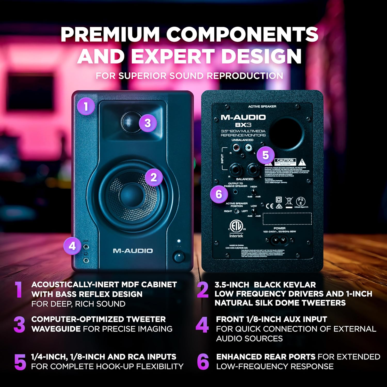 Rear panel of M-Audio BX3 Studio Monitor Speakers showing input and output ports