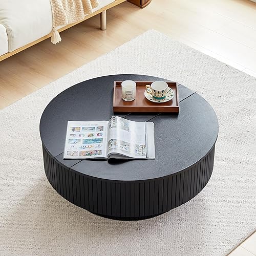 Miniatura 8 de Mesa de centro redonda de 33 pulgadas con soporte elevador y almacenamiento abatible, mesas de centro acanaladas modernas con marco de metal, mesa