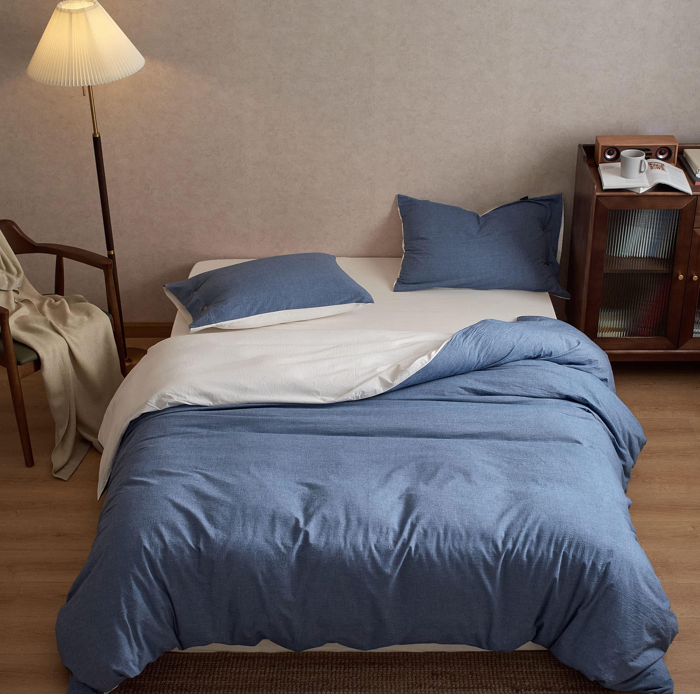MILDLY Duvet Cover Queen Blue Quilt Cover Set 100% Washed Cotton Bedding Set with Zipper Closure & Closure Ties (No Comforter)