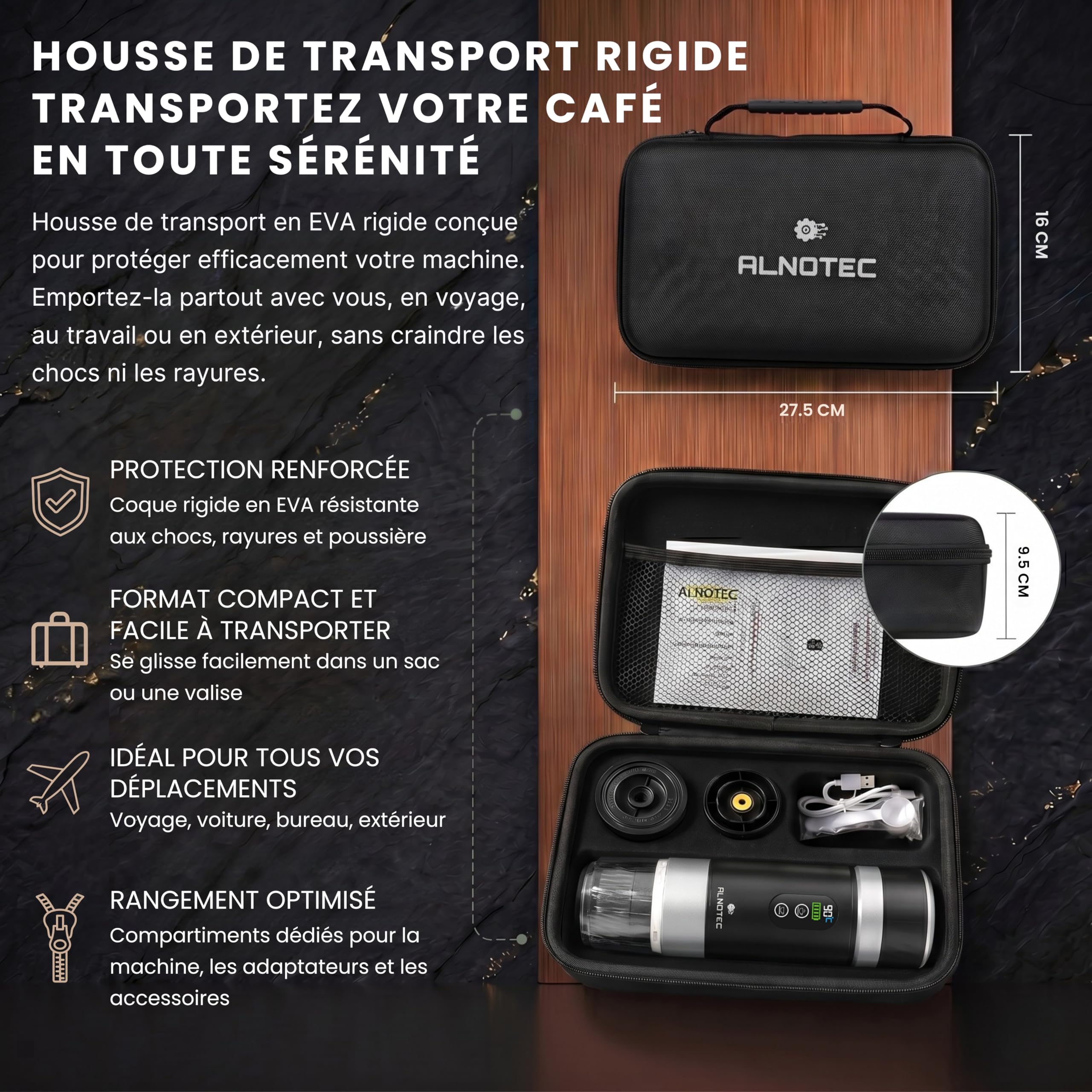 Cafetera portátil (20 barras, recargable), 2 baterías extraíbles incluidas, cafetera portátil, autoclave, compatible con cápsulas NES, DG y café molido, incluye funda de transporte.