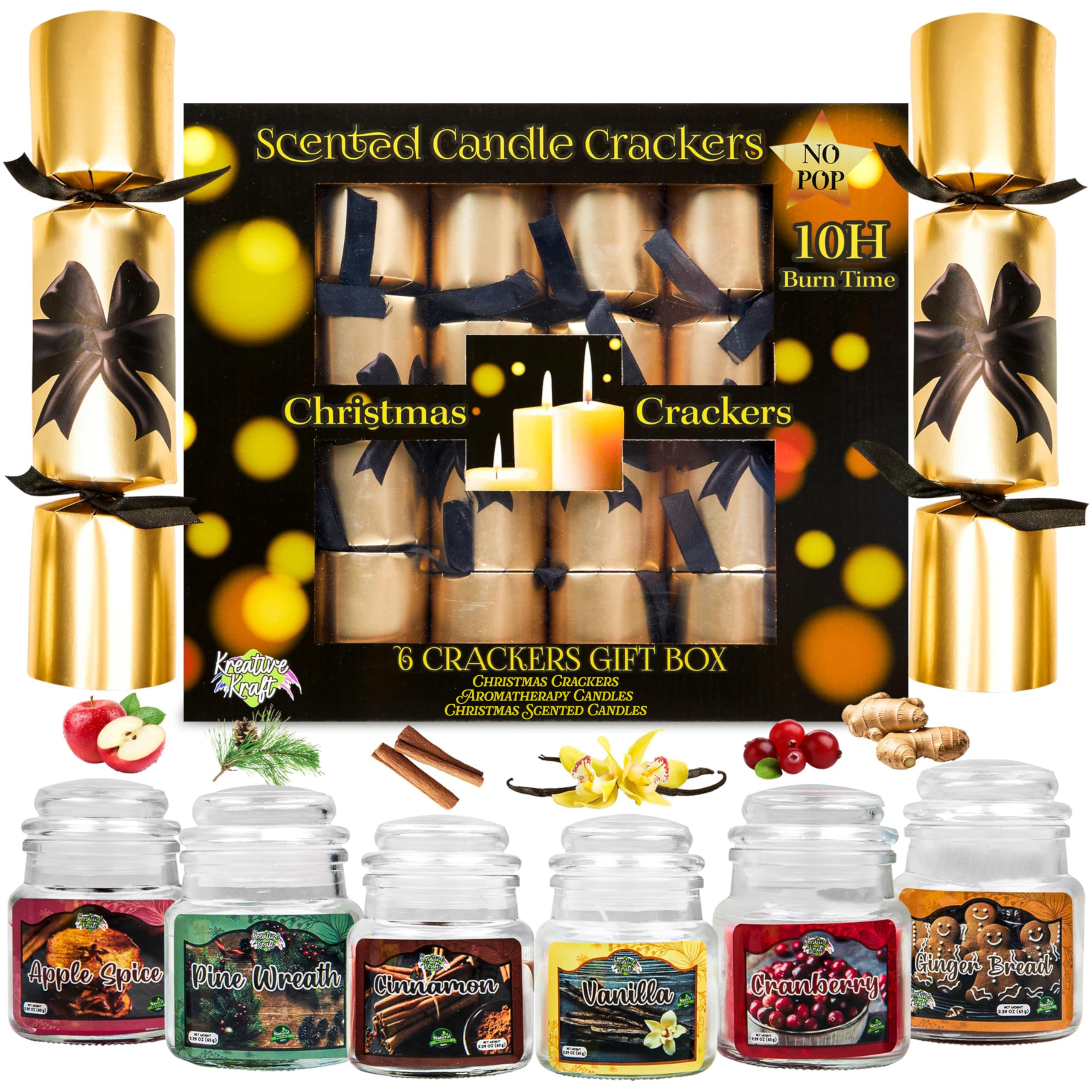 KreativeKraft No-Snap Christmas Crackers with Jar Candles, Jokes, and Paper Hats, Soy Wax Scented Candles, Home Decor, Party Favors