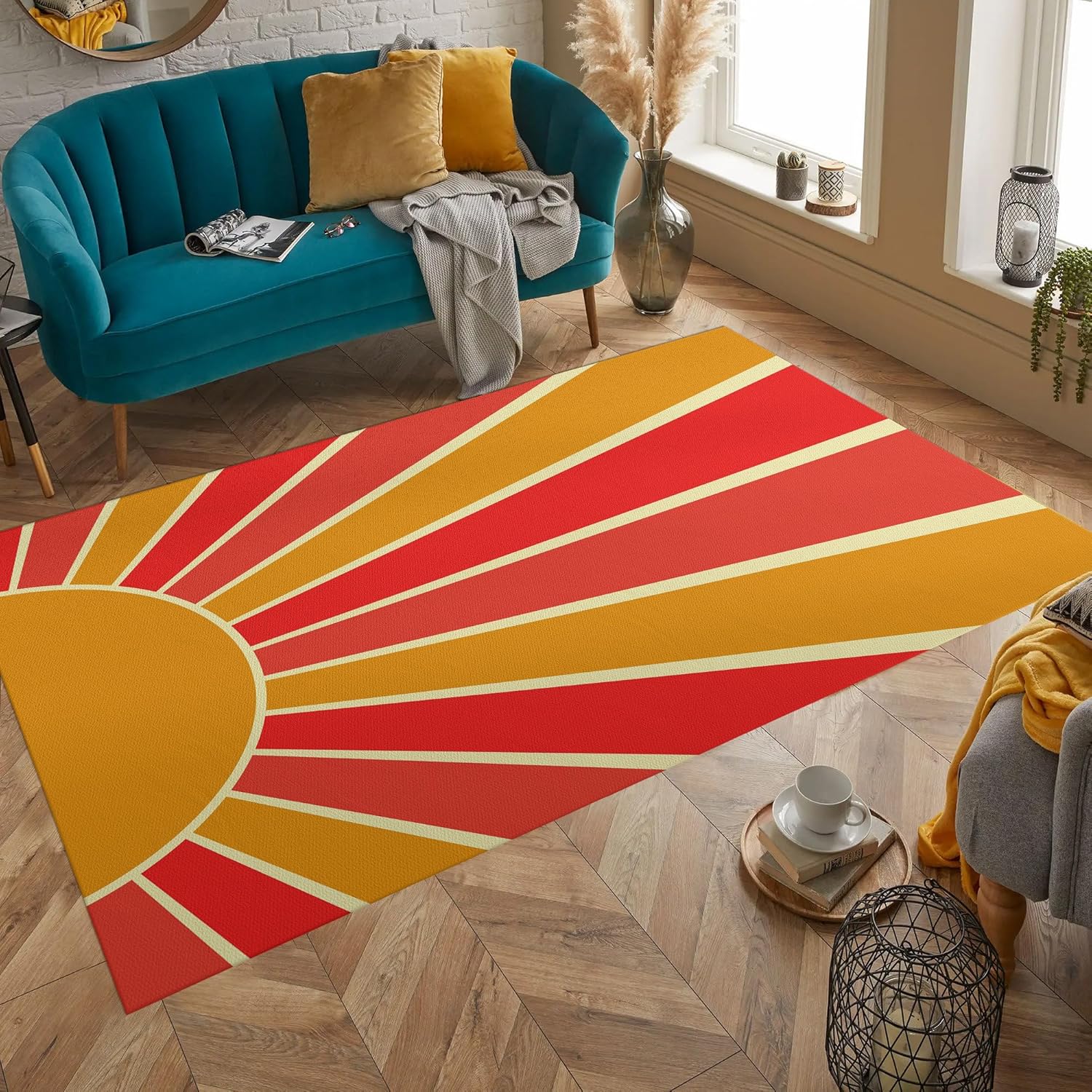 60S Retro Sun Pattern Area Rug Floor Mat Non Slip 2'x 3'Mid Century Colorful Carpet Yoga Rug for Bedroom Living Room Sofa Entryway Home Decor