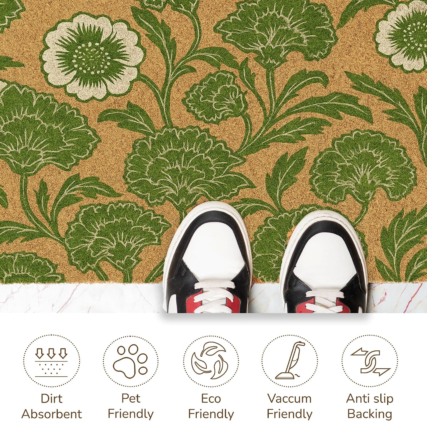Coir Door Mat, Floral Print Entryway Floor Mats with Non-Slip PVC Backing, Indoor Outdoor Mat for Front Door Decor, Door Mat, Welcome Mats with Chelsea Flower Print, Green, 30”x 17”