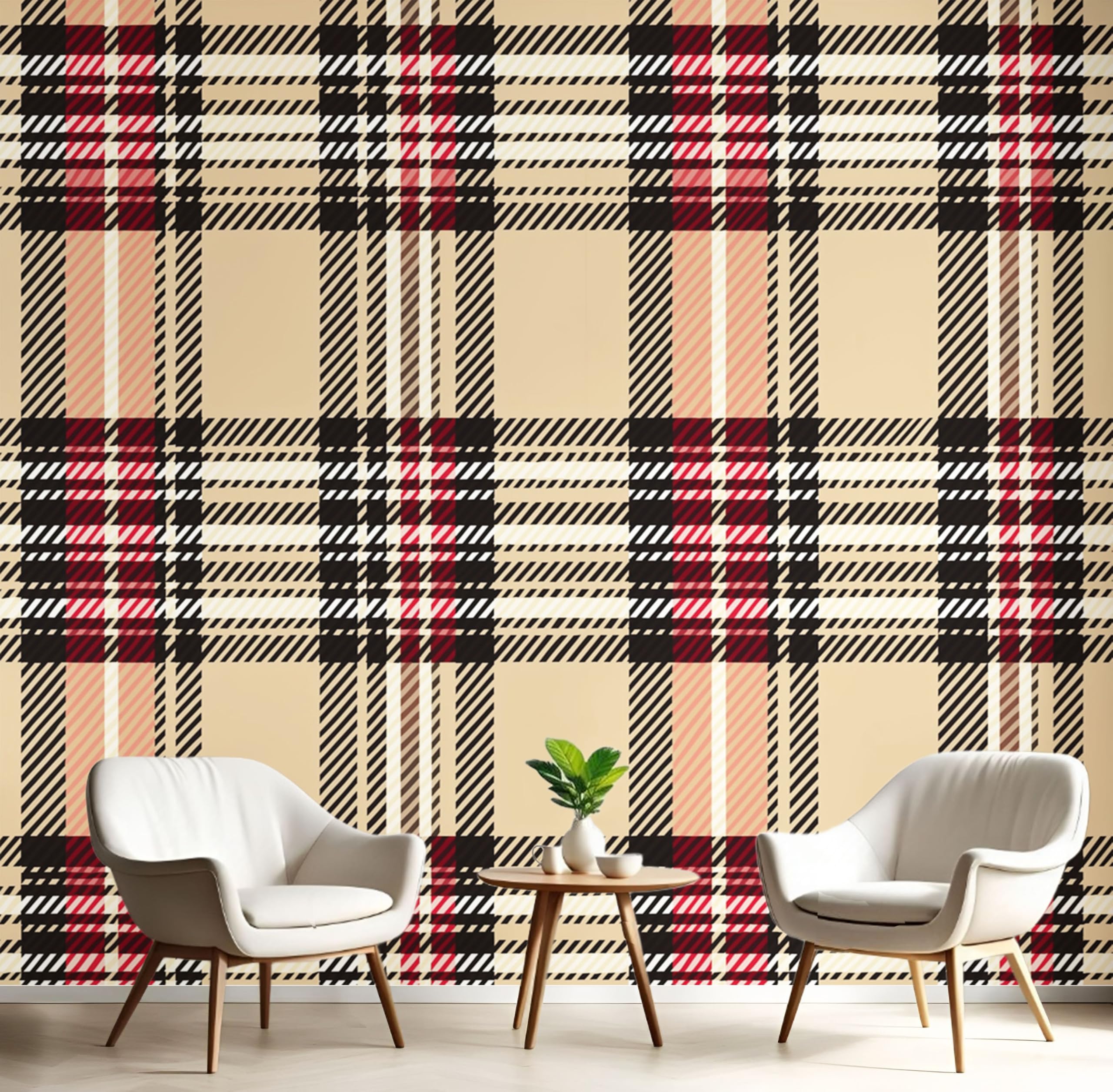 Fresque murale tartan kaki pour un salon style nordique
