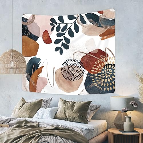 Miniatura 3 de KOMLLEX Tapiz bohemio de mediados de siglo de 59 pulgadas de ancho x 51 pulgadas de alto hojas modernas abstractas azul marino dorado para colgar en