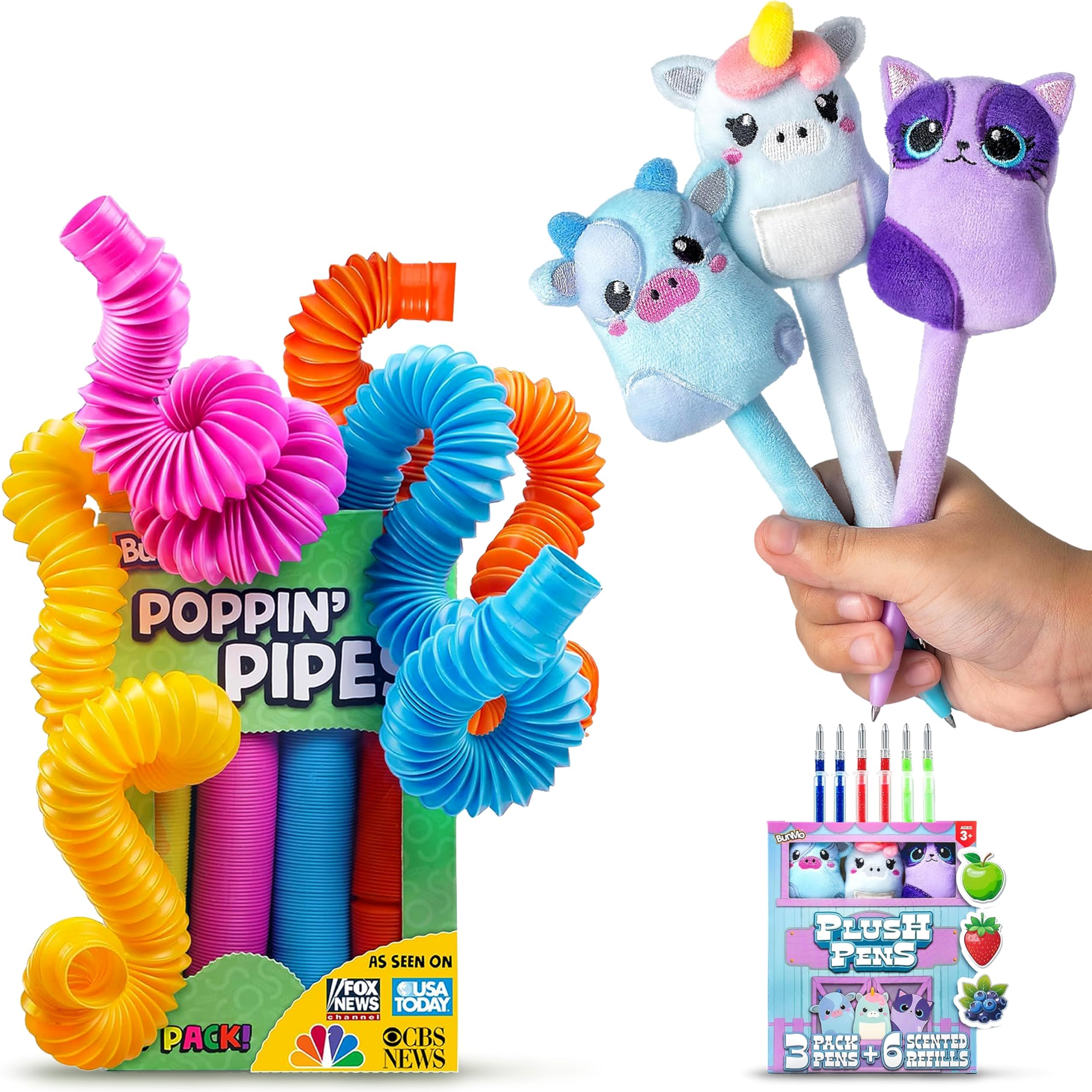 BUNMO Stretch &amp; Write 3 Pack Cute Gel Pens w/Soft Grip &amp; 6 Refills - Pop Tubes Sensory Toys 4 Pack Large - Non-Mouthable Toy 3+ - Gift for Teens
